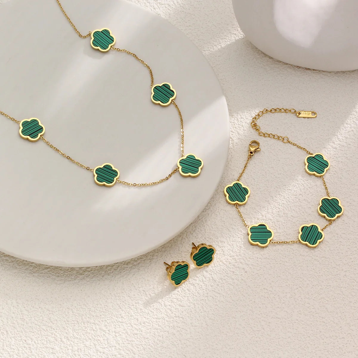 Korean Fashion Flower Set Jewelry for Women Stainless Steel Plated 18K Gold Colorful Color Design Necklace Earrings Bracelet